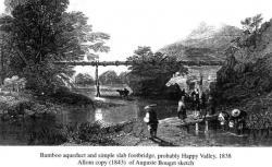 Bamboo aqueduct and simple slab footbridge probably Happy Valley 1838 Allom copy (1843) of Auguste Bouget sketch
