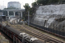 Sidings to the right are on the original alignment of the Kowloon-Canton Railway bound for the Tsim Sha Tsui terminus.