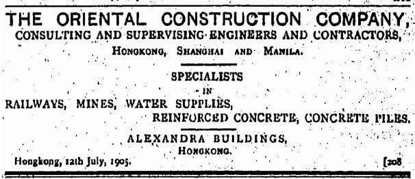 Oriental Construction Company Advert HK Telegraph 23.9.1905