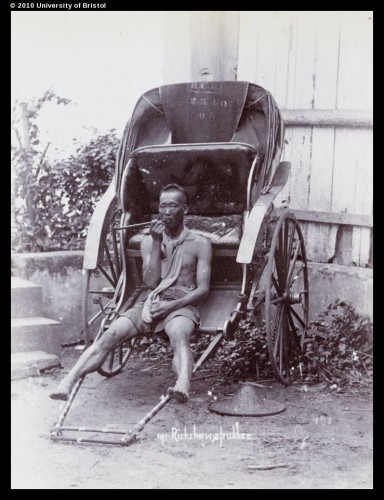 A ‘two-seater’ rickshaw, Hong Kong circa 1880s. Note the “indentation in seat” on one side of the cushion (Image courtesy: Historical Photographs of China Collection, University of Bristol, England)