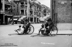 Two rickshaws in the eye of the camera, Hong Kong 1930s Note that the rickshaw on the right is fitted with pneumatic tyred wheels (Image courtesy: Hong Kong Museum of History)