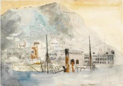 A Chinese Merchantman sunk in Hong Kong Harbour (art) Made by: Rosoman, Leonard Henry (RA) 1945-09-17 image: The funnel and two masts of a sunken vessel rise up out of the water.
