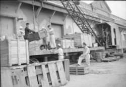 Flying Officer Herbert Lees DFC directs Chinese labourers and Japanese prisoners of war in the loading of goods on flatbed trucks of the Kowloon Railway, Hong Kong. This railway was immobilised during the Japanese occupation, services were restored under Royal Air Force supervision after the liberation. photo by RAF official photpgrapher
