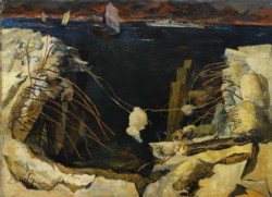 A Crater in the Naval Dockyard, Hong Kong (art) Made by: Rosoman, Leonard Henry (RA) 1945 image: A view looking down into a hole in the dockside. The damage has exposed the wooden structure underneath and the metal cables within the concrete.