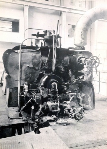 Hok Un Power Station's turbine in a state of disrepair following the end of the Japanese Occupation