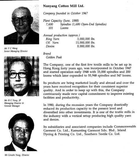 Nanyang Cotton Mill HK Spinners Assoc. 1988