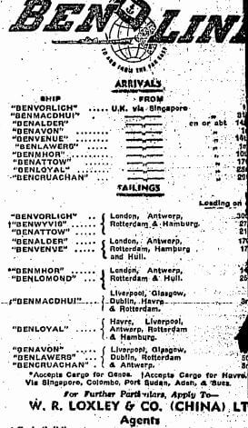 Ben Line Shipping Advert HK Sunday Herald 29.10.1950