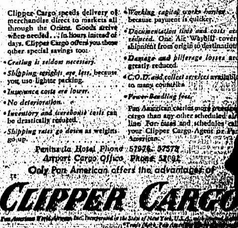 Clipper Cargo Pan American B Advert HK Sunday Herald 29.10.1950