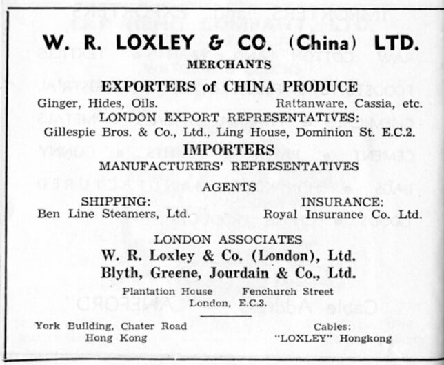 W R Loxley & Co China Ltd Agent Advert 1953