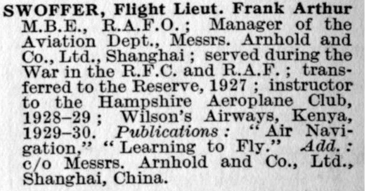 FA Swoffer Entry In Who's Who British Aviation
