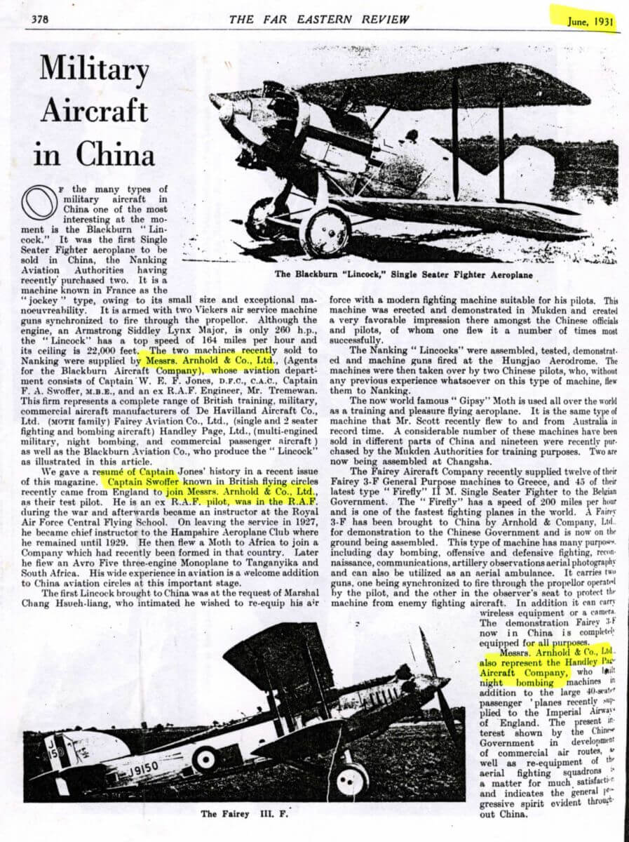 Arnhold & Company + Capt Swoffer, Far Eastern Review June 1931 IDJ