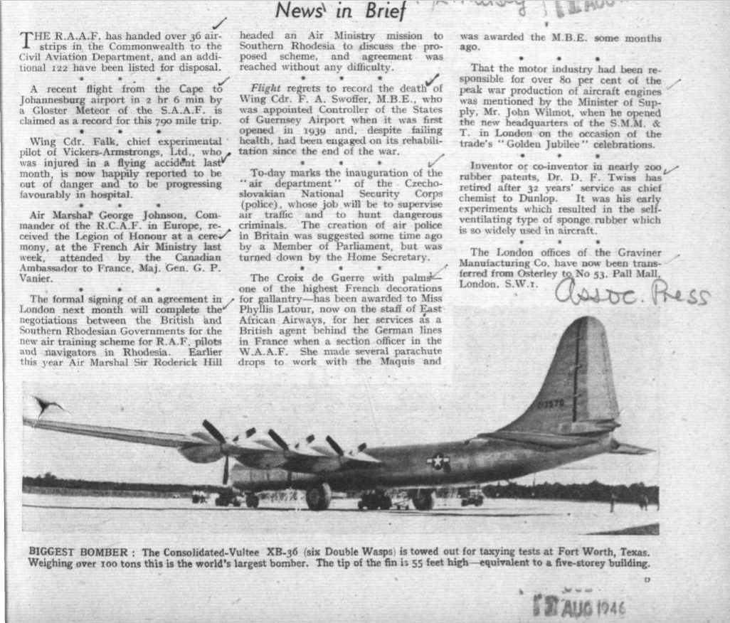 FA Swoffer Announcement Of Death Flight Magazine 1st August 1946