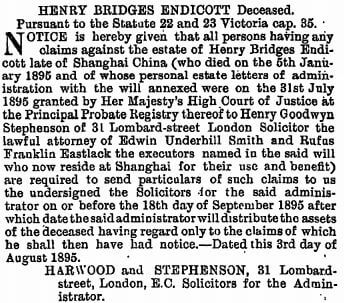 Henry Bridges Endicott death notice The Gazette 6th August 1895