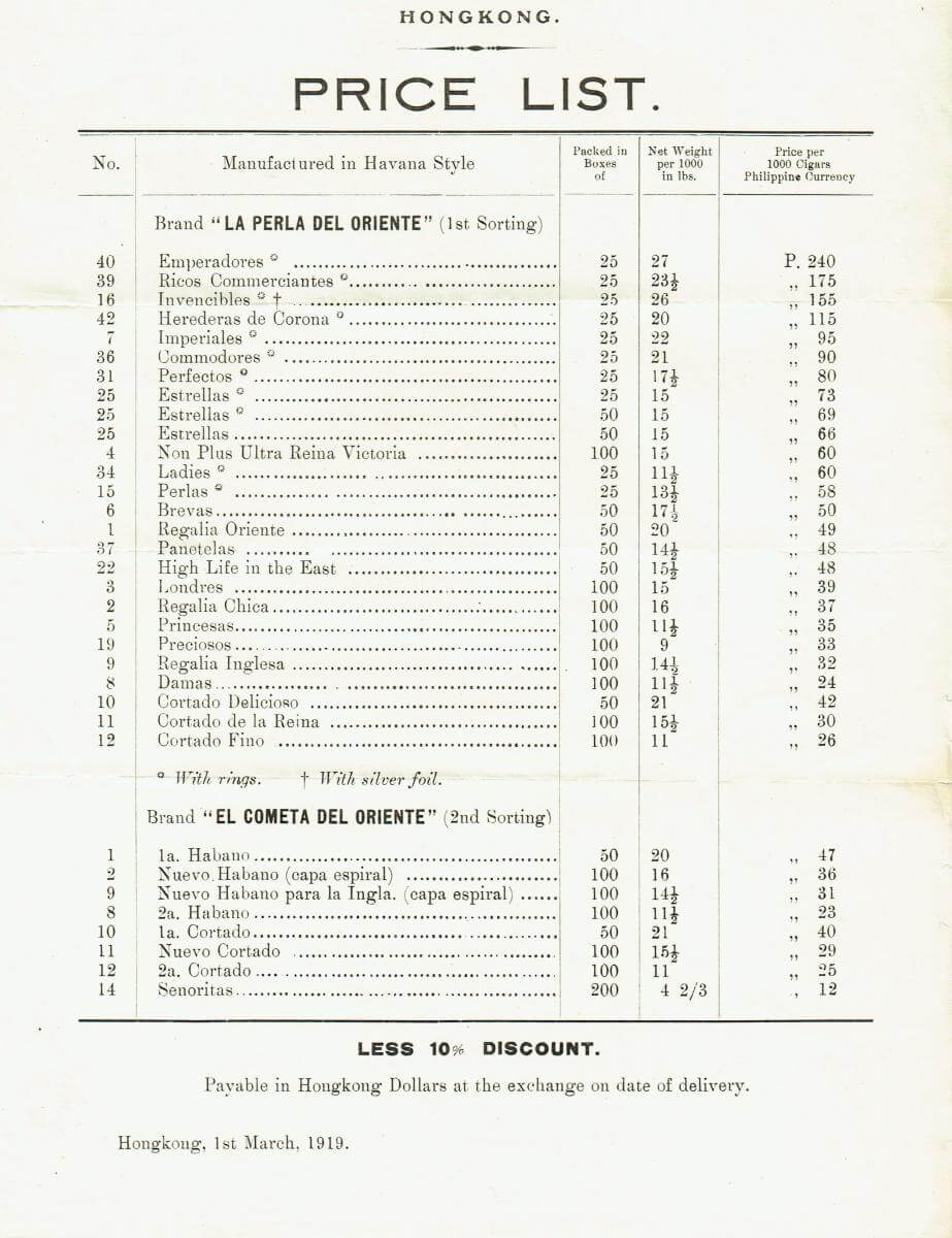 Orient Tobacco Manufactury Hong Kong pricelist March 1919 Edward Schneider